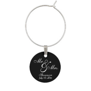 Personalized Black and White Mr & Mrs Wine Tag Glass Charm