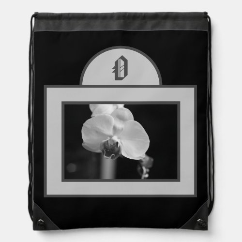Personalized Black and White Orchid Flower Photo Drawstring Bag