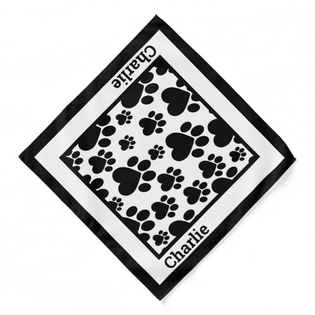Personalized Black and White Paw Print Dog Bandana (Front)