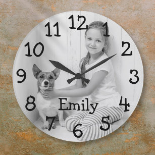 Personalized Black and White Photo Name Large Clock