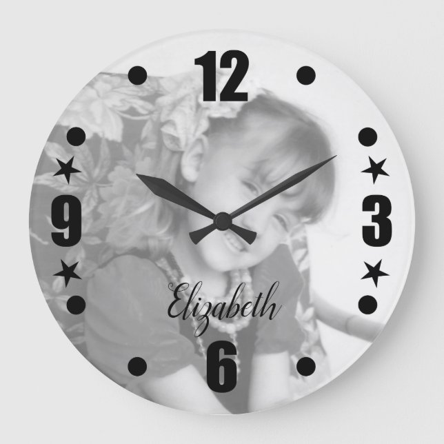 Personalized black and white photo name large clock (Front)