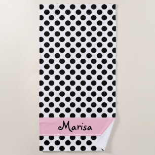 Personalized Black and White Polka Dot Beach Towel