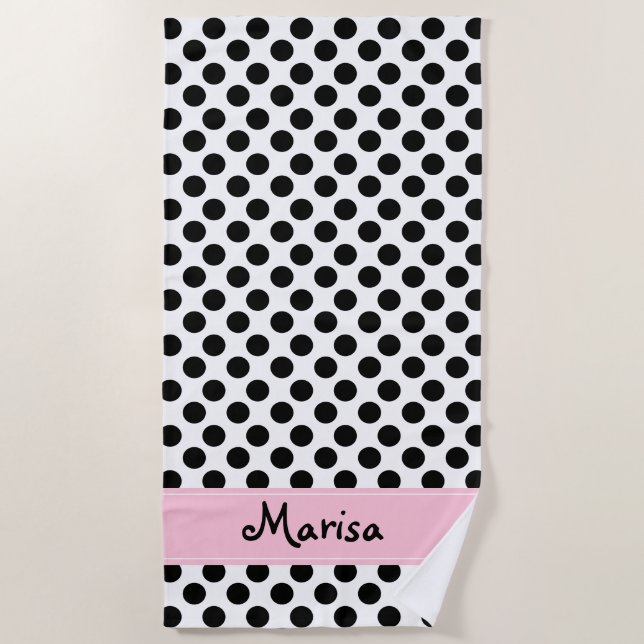 Personalized Black and White Polka Dot Beach Towel (Front)