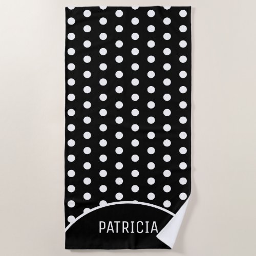 Personalized Black And White Polka Dot Beach Towel