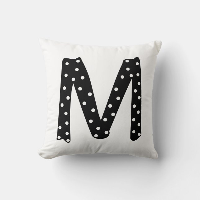Personalized Black and White Polka Dot Letter M Throw Pillow (Front)