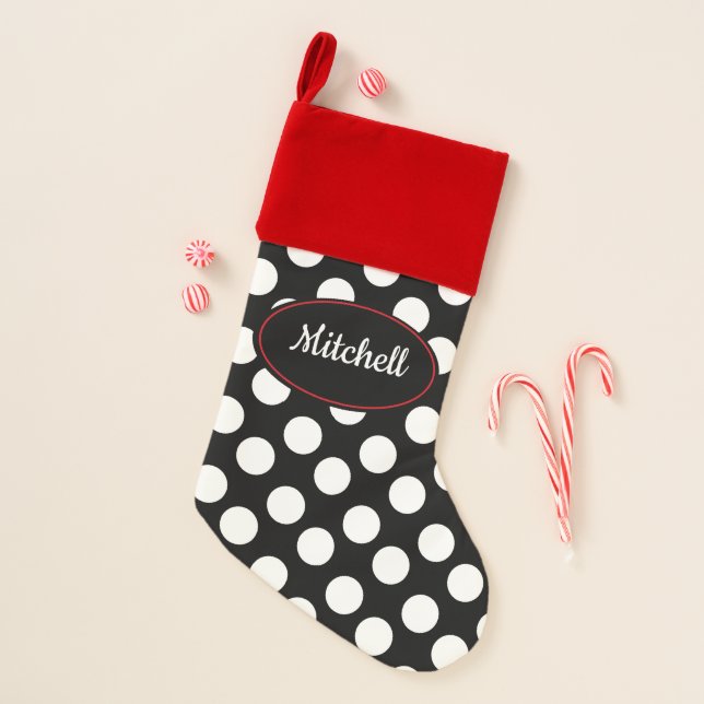 Personalized Black And White Polka Dot Stocking (Front)