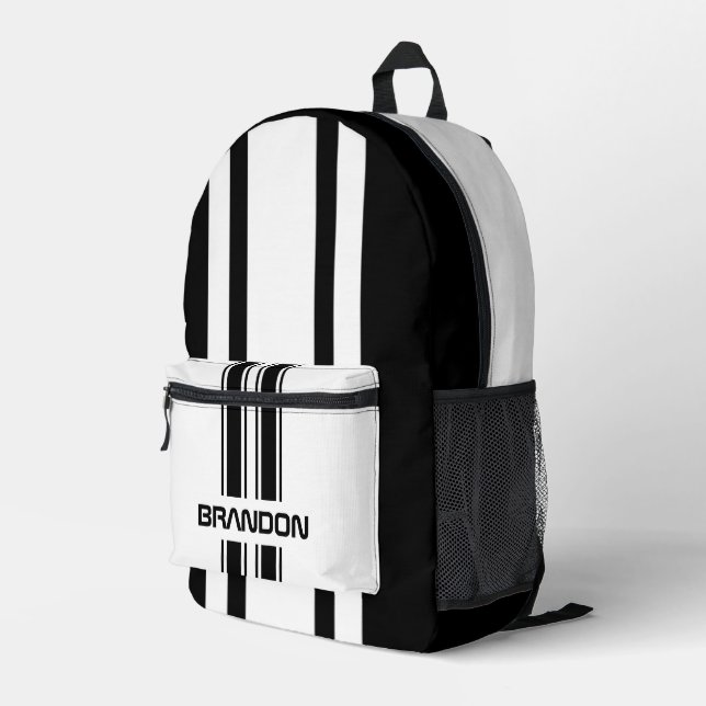 Personalized Black And White Racing Stripe Travel Printed Backpack (Back Corner Right)