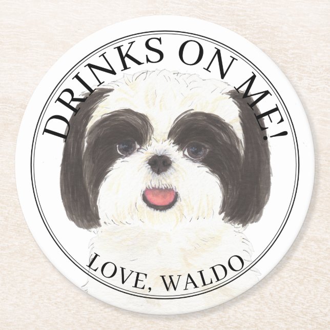 Personalized Black and White Shih Tzu Dog Wedding Round Paper Coaster (Front)