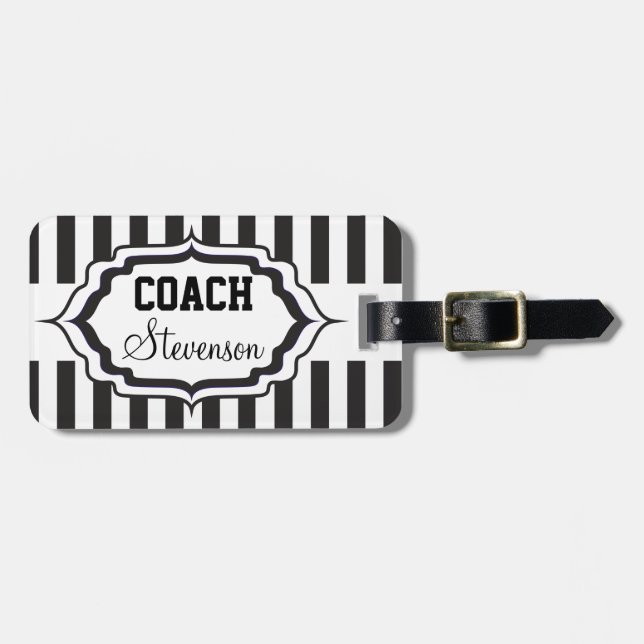 Personalized Black and White Stripe Coach Luggage Tag (Front Horizontal)