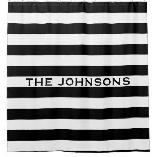 Personalized black and white stripe shower curtain