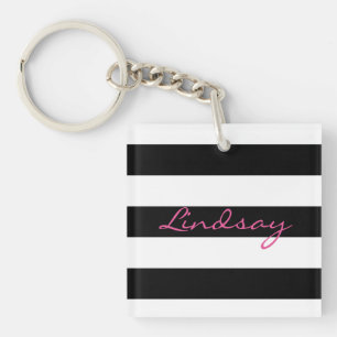 Personalized Black and White Striped Keychain