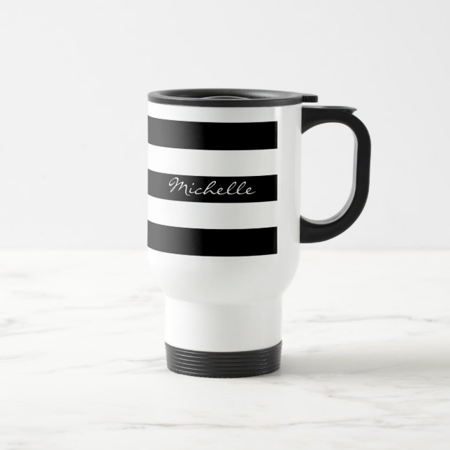 Personalized Black and White Striped Travel Mug (Right)