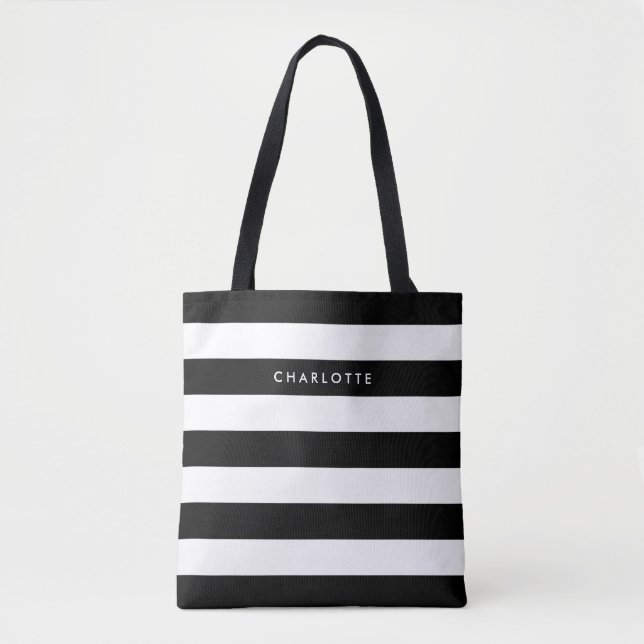 Personalized Black and White Stripes Tote Bag (Front)