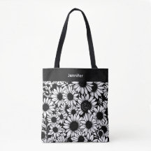 personalized black and white sunflowers tote bag