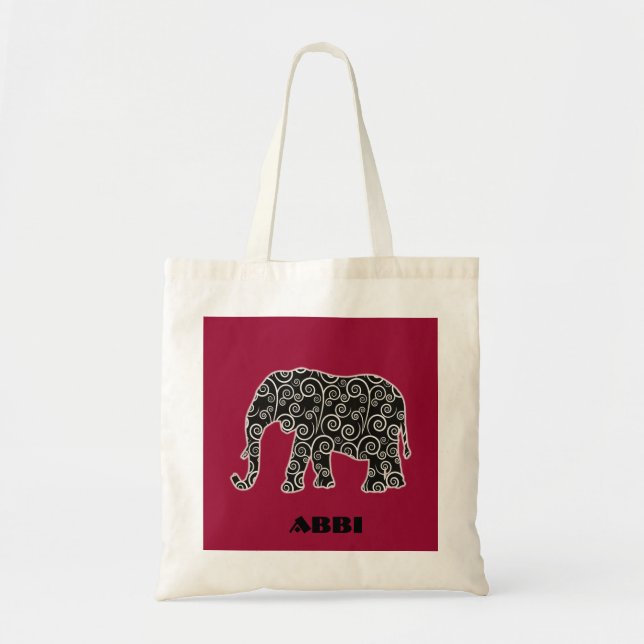 Personalized Black and White Swirl Elephant Tote Bag (Front)
