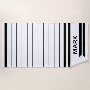 Personalized Black And White Thin Striped Beach Towel by InTrendPatterns at Zazzle