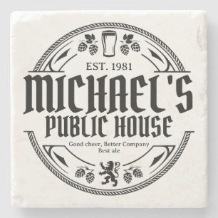 Personalized Black and White Vintage Pub Sign Beer Stone Coaster