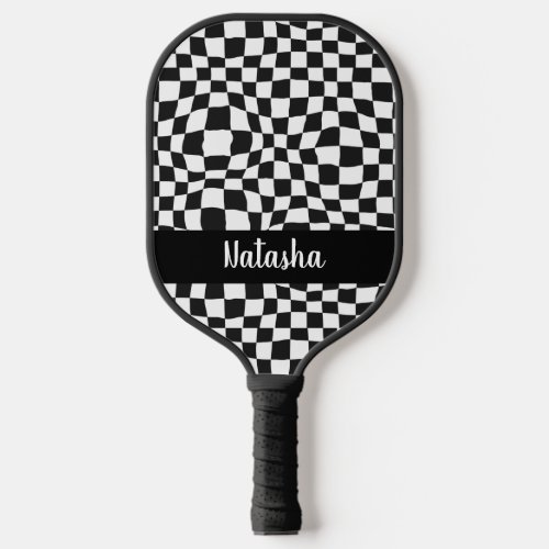 Personalized Black and White Warped Checkered Pickleball Paddle