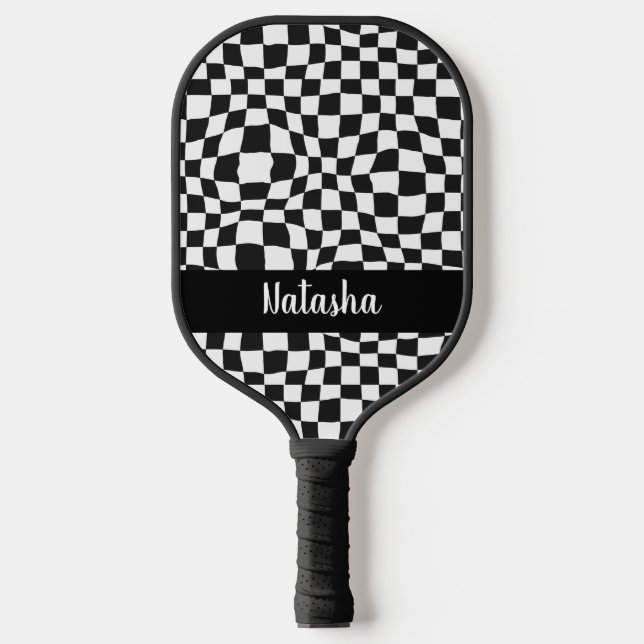 Personalized Black and White Warped Checkered Pickleball Paddle (Front)