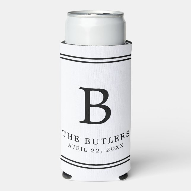 Personalized Black and White Wedding Can Cooler (Seltzer Front)
