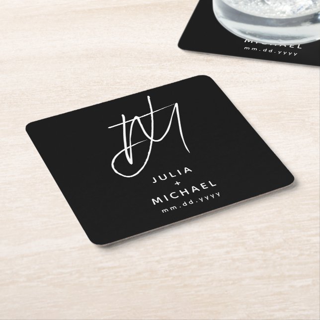 Personalized Black and White Wedding Paper Coaster (Angled)
