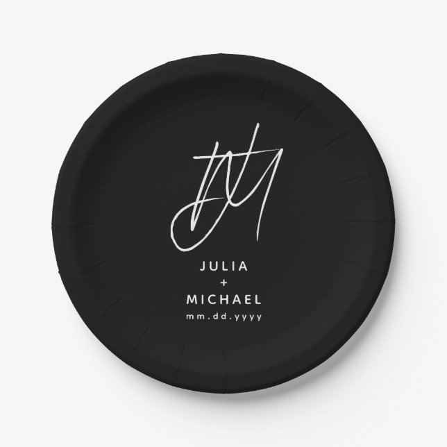 Personalized Black and White Wedding Paper Plate (Front)