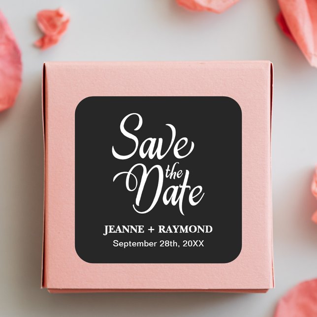 Personalized Black and White Wedding Save The Date Square Sticker (Personalized black and white wedding sticker adds elegant charm to save the dates.)