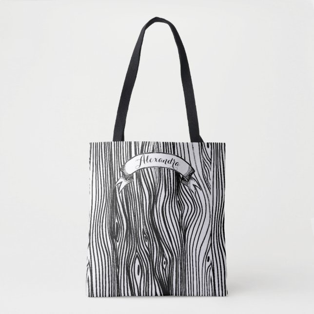 Personalized Black and White Wood Grain Pattern Tote Bag (Front)