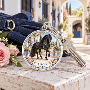 Personalized Black Andalusian Horse Spanish Tile Keychain