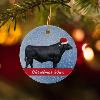 Personalized Black Angus And Santa Hat Ceramic Ornament by DakotaInspired at Zazzle