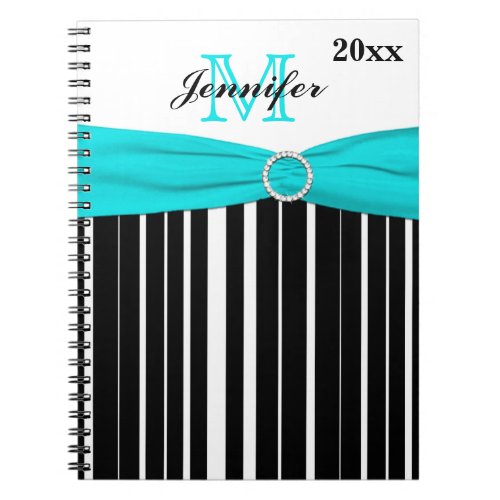 Personalized Black Aqua White Striped Notebook