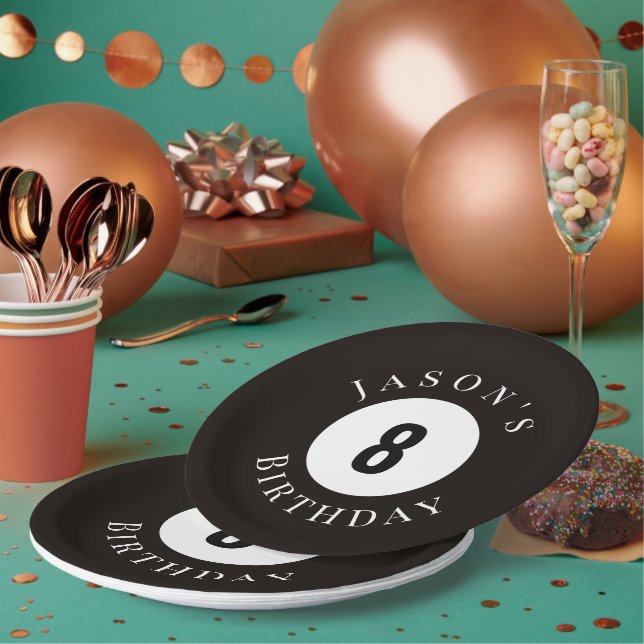 Personalized Black Billiard Pool Ball Birthday  Paper Plates (Multi)