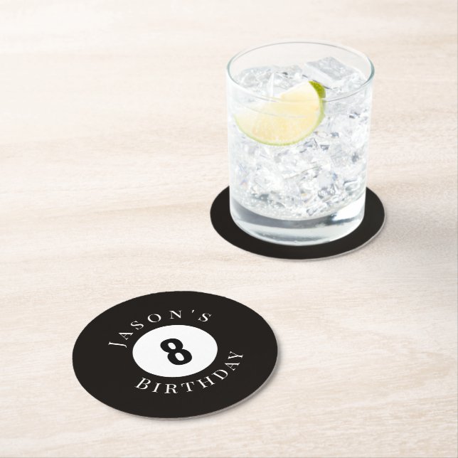 Personalized Black Billiard Pool Ball Birthday Rou Round Paper Coaster (Insitu)