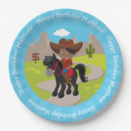 Personalized Black Birthday Cowboy Paper Plates