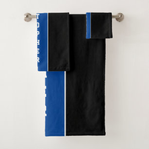 Personalized Black Blue Stripe Bath Towel Set