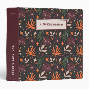 Personalized Black Boho Chic Botanical Pattern 3 Ring Binder