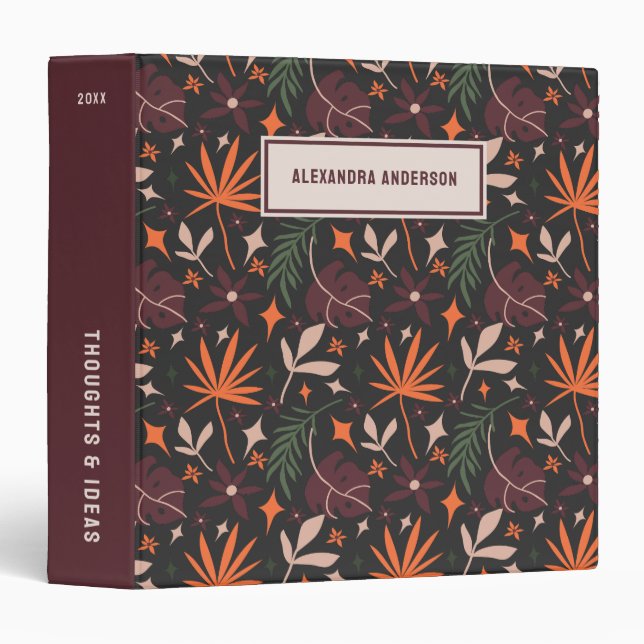 Personalized Black Boho Chic Botanical Pattern 3 Ring Binder (Front/Spine)
