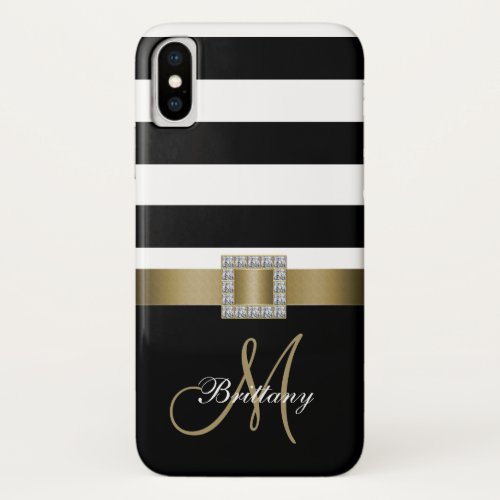 Personalized Black Bold Stripes Gold Monogram iPhone X Case