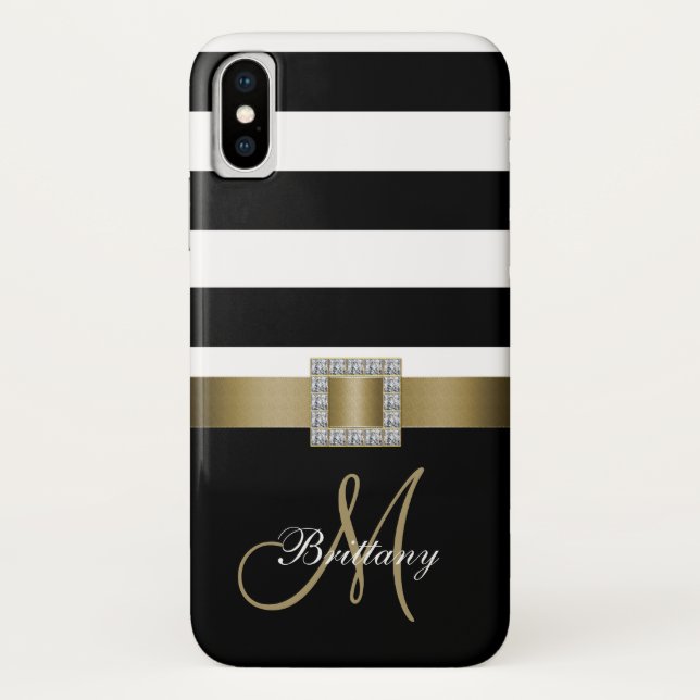 Personalized Black Bold Stripes Gold Monogram Case-Mate iPhone Case (Back)