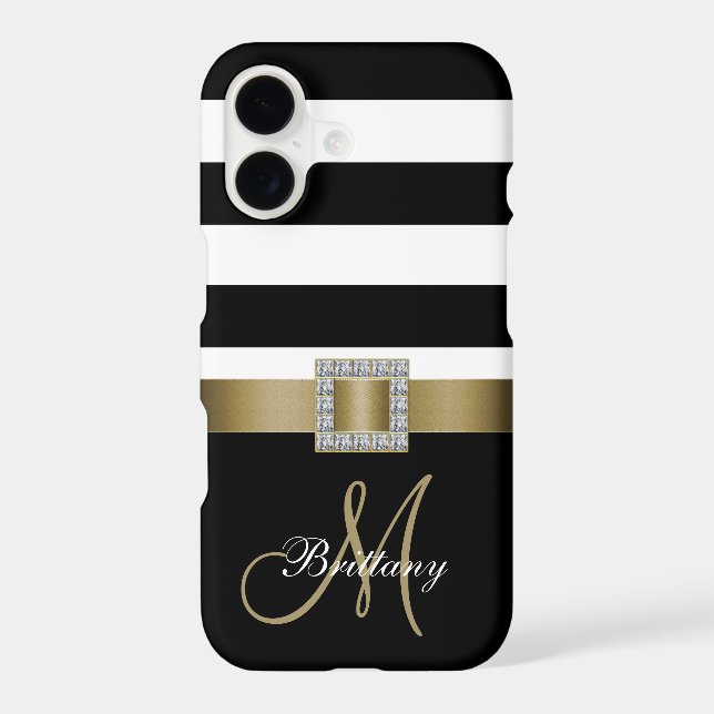 Personalized Black Bold Stripes Gold Monogram Iphone Case (Back)