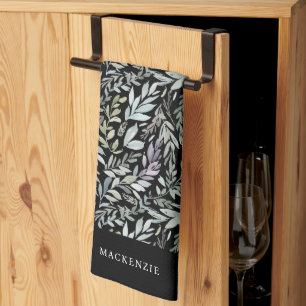 Personalized Black Botanical Watercolor Pattern Kitchen Towel