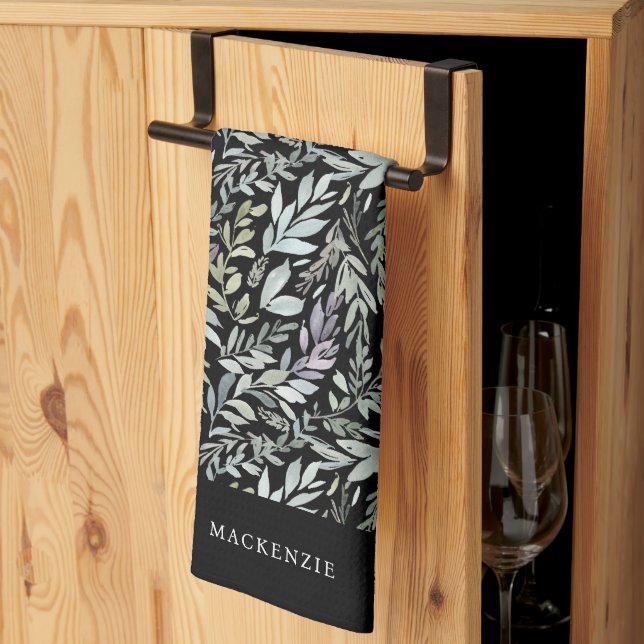 Personalized Black Botanical Watercolor Pattern Kitchen Towel (Thirds Fold)