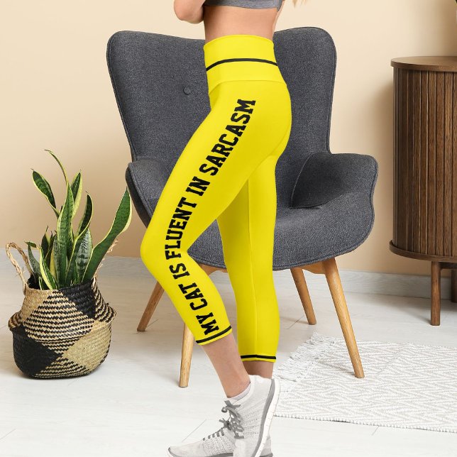 Personalized Black Bright Yellow Fun Comic Pet Cat Capri Leggings (Creator Uploaded)
