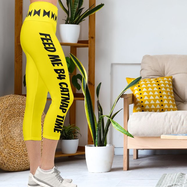 Personalized Black Bright Yellow Stripes Stylish Capri Leggings (Creator Uploaded)