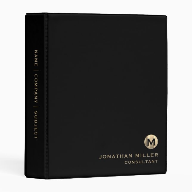 Personalized Black Brushed Metallic Gold Monogram Mini Binder (Front/Spine)