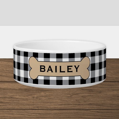 Personalized Black Buffalo Plaid Dog Bone Name Bowl