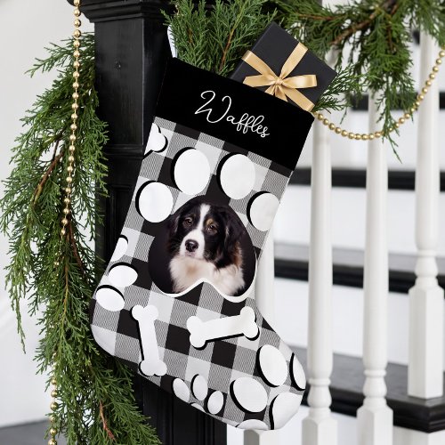 Personalized Black Buffalo Plaid Pet Dog Cat Photo Small Christmas Stocking