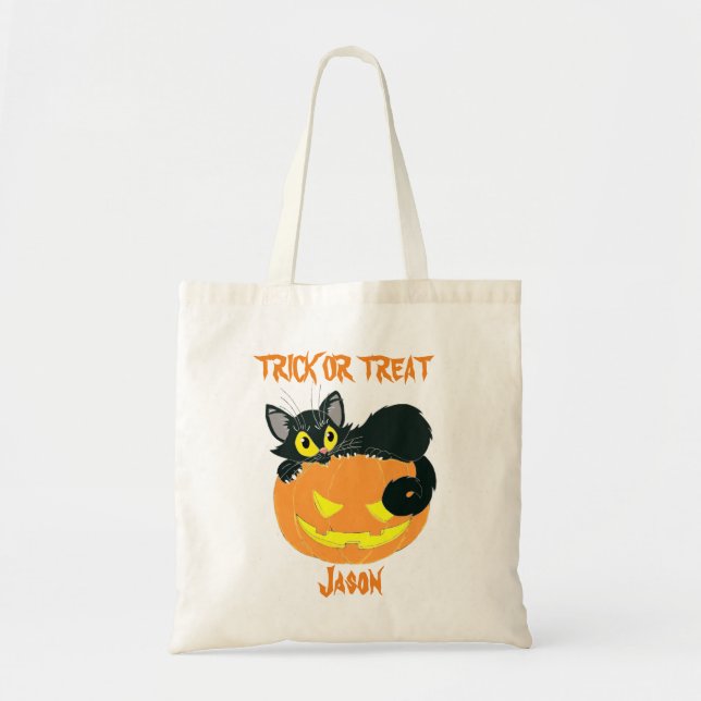 Personalized Black Cat And Pumpkin Trick or Treat Tote Bag (Front)