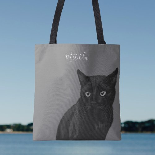 Personalized Black Cat Art Gray Tote Bag