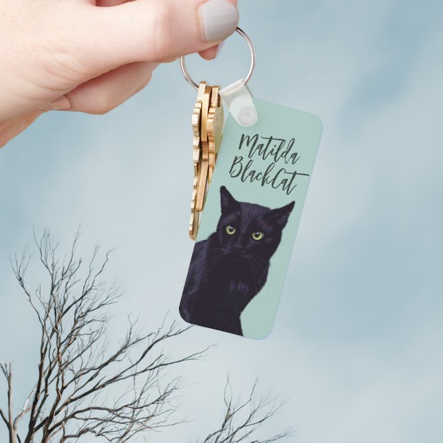 Personalized Black Cat Art Keychain (Add you name to this cute black cat keychain)